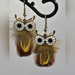 🦉 Owl Feather Earrings w/ Bohemian Flair Enameled Eyes Feather Bodies New